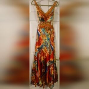 Arrabella Boutique Gorgeous Multicolor Satin Beaded Backless Strappy Gown Size 6